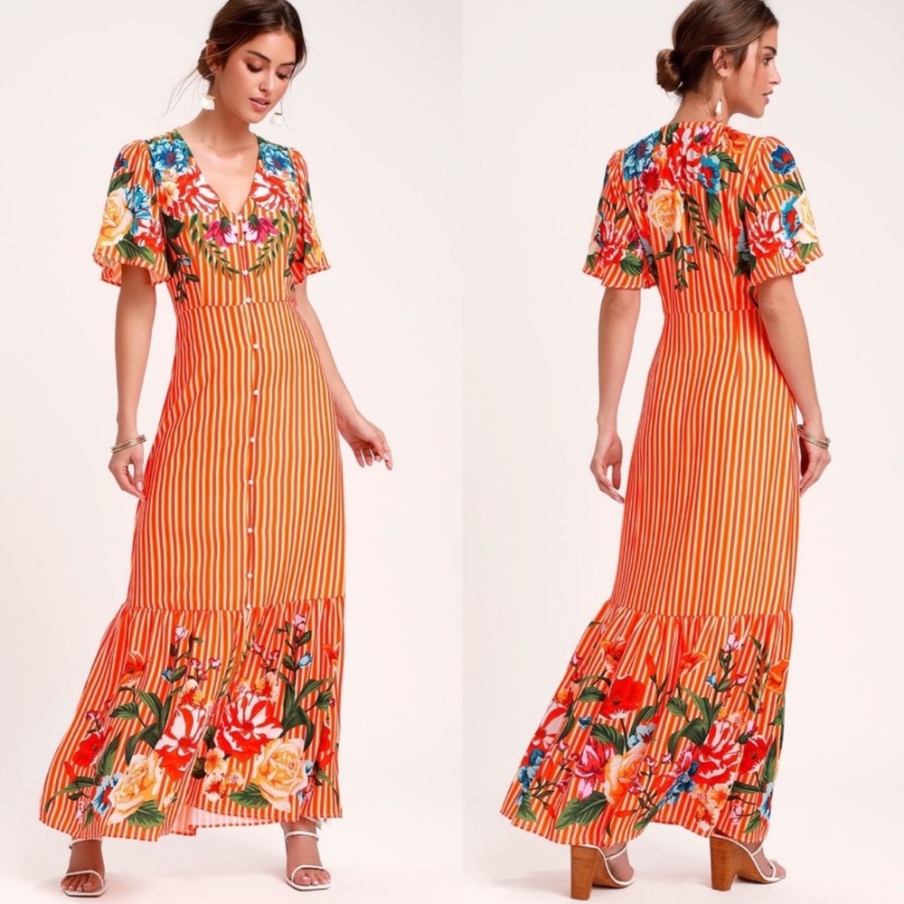 Lulu's Orange Striped Floral Maxi Dress - Picture 7 of 7